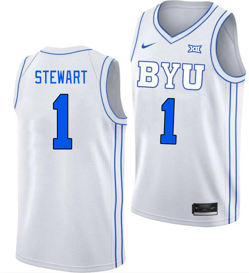 BYU Cougars #1 Trey Stewart Big 12 Conference College Basketball Jerseys Stitched Sale-White